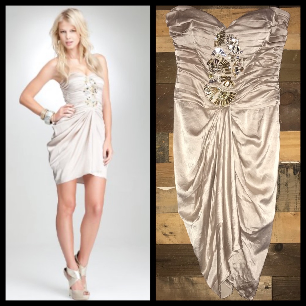 Bebe Silk Champagne Beaded Sequin Embellished Corset Tulip Cocktail Party Dress